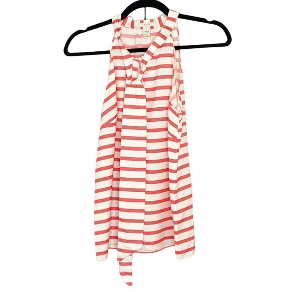J.Crew Women's Coral-Red & Ivory Stripe Silk Bow Blouse Tank Neck Tie EUC Size 2 - Picture 2 of 7